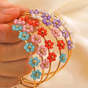 Fashion Stainless Steel Rhinestone Flower Open Bangle Bracelet For Women Handmade Beaded Floral Gold Plated Jewelry Gift
