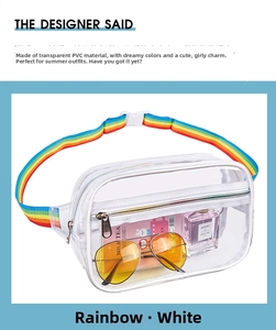 Macro shot of waterproof PVC waist bag featuring clear body and vibrant rainbow strap