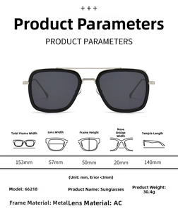 Detailed size chart for square metal aviator sunglasses with dimensions in millimeters