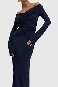 Detail of dark blue off-shoulder dress featuring ruched neckline and slim fit silhouette