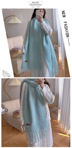 Detailed view of light blue soft cashmere-like scarf with long tassels and leather label
