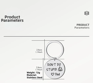 Detailed size chart of stainless steel keychain with diameter 2.8cm and 12g weight