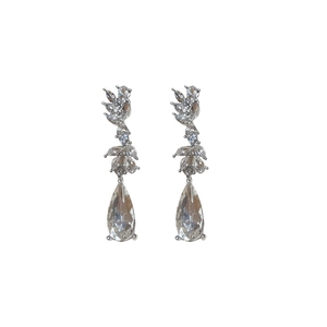 Elegant silver wheat drop earrings with pear-cut crystals and tassels for women