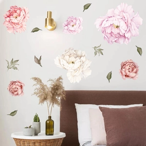 Pink peony flower branch wall stickers for girls' bedroom wall decor and beautification