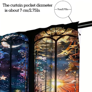 Detail showing the 7cm diameter curtain rod pocket on celestial themed blackout fabric