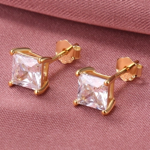 Classic S925 sterling silver square zircon stud earrings in gold finish with petal backs
