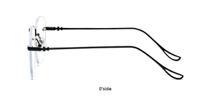 Side view of rimless fashion sunglasses featuring slim black metal temples and cut edges