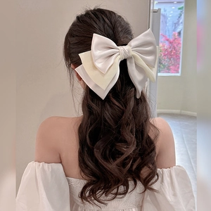 French style oversized multi-layer satin bow hair clip in champagne beige for women