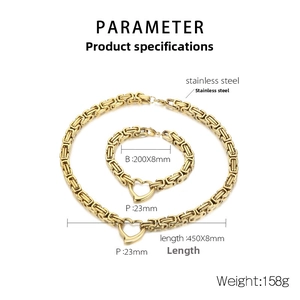 Specifications of gold stainless steel Byzantine necklace and bracelet set with heart charms