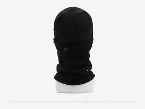 Detailed back view of a black fleece balaclava with adjustable drawstring toggle