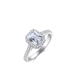 Classic S925 sterling silver ring with emerald cut rectangle cubic zirconia halo