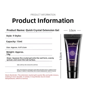 Detailed specifications for 15ml poly nail gel showing 9.0x3.5cm product dimensions