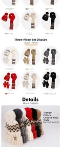 Detailed view of winter knit set including pompom hat, scarf and touchscreen gloves