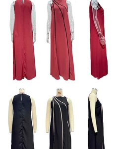 Detail view of sleeveless maxi dresses with contrast striped patchwork decoration