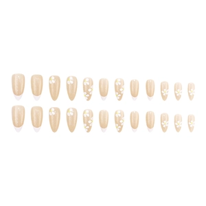 Lot de 24 faux ongles amande nude avec pointes French blanches et motifs fleurs