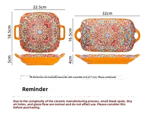 Detailed size chart for Bohemian ceramic mandala trays with handles and glazed finish