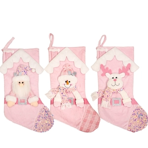 Pink sequin Christmas stockings set with 3D Santa, snowman, and reindeer figures