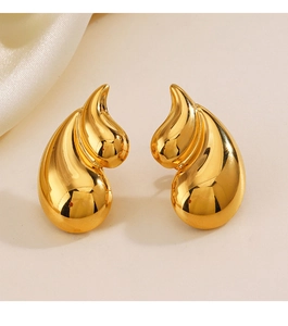 Detail view of water-drop earrings featuring a high-polished 18K gold-plated surface