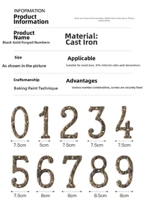 Size chart for black cast iron house numbers showing dimensions and mounting details