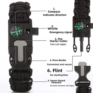 Detailed view of the 5-in-1 survival bracelet featuring compass, whistle and fire starter