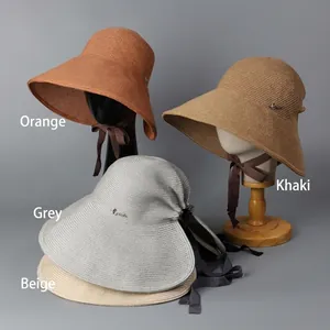 Wide brim straw sun hat with back slit bow tie, available in khaki, gray, beige and orange