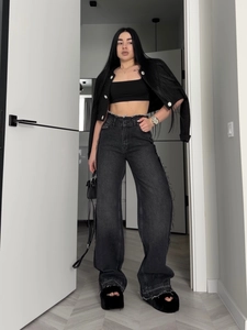 Damen High Waist Wide Leg Denim Jeans Fransen Saum Amerikanischer Retro Streetwear Baumwollhose Chic Lässig