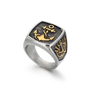 Bague chevalière ancre vintage pour homme en acier inoxydable argenté et emblème doré