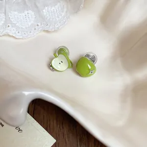 Green enamel apple stud earrings with zircon stars and asymmetric core slice design