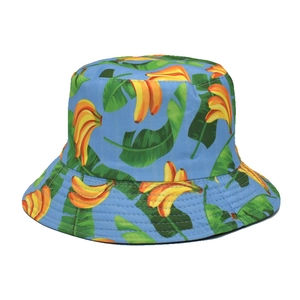 Detail of sky blue bucket hat with yellow banana print and stitched brim for sun protection