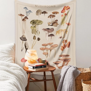 Detail showing vintage mushroom tapestry fabric texture and retro botanical illustrations