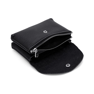 Genuine black leather mini coin purse with lychee texture and silver zipper detail