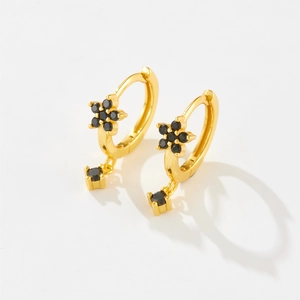 Golden S925 silver flower hoop earrings featuring black gems and square pendant charms