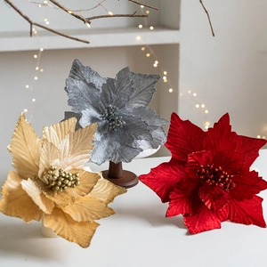 Glitter poinsettia artificial flowers in gold, silver, and red for Christmas tree decor
