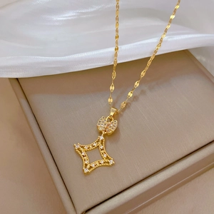 Luxurious gold titanium steel square necklace with bow pendant and sparkling zircon stones