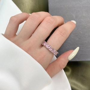 Sparkling S925 sterling silver ring featuring square cut pink zircon gemstones