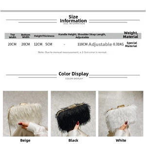 Detailed size specifications for the acrylic evening clutch with 118cm shoulder strap