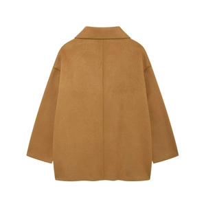 Back view of a classic camel double-faced wool coat with a minimalist elegant silhouette