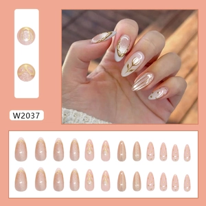 French almond press on nails with 3D cat-eye tulip design and golden lace details