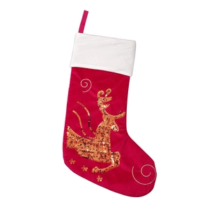Rote Weihnachtsstrumpf aus Samt mit goldenen Rentier-Pailletten und weißem Kunstpelz
