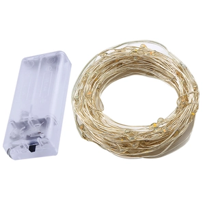 Warm white LED copper wire string lights with battery box on a plain white background