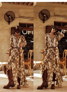 Western retro brown floral maxi dress with ruffle details and a vintage waist belt