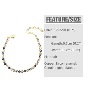 Detail view of gold-plated evil eye bracelet with colorful enamel and zircon pendants