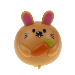 Close-up of a brown cartoon bunny pull-back car holding a carrot on a white background