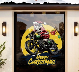 Detail of Christmas window sticker featuring Santa riding a motorcycle with Merry Christmas text