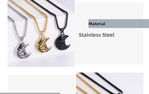 Detailed view of punk moon skull pendants in silver, gold, and black stainless steel