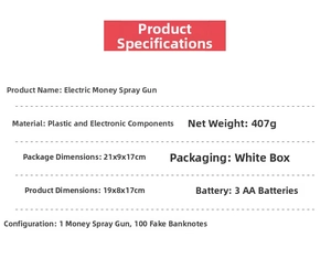 Detailed specifications of the electric money gun toy with dimensions and weight info
