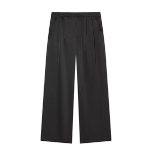 Women's elegant black satin high-waisted wide-leg trousers with silky finish
