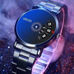 ORUSS men's fashion quartz watch with unique rotating disc dial and metal band