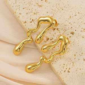 18K gold plated stainless steel irregular teardrop earrings with a liquid metal texture