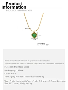 Detailed dimensions of gold heart pendant necklace in stainless steel and green resin